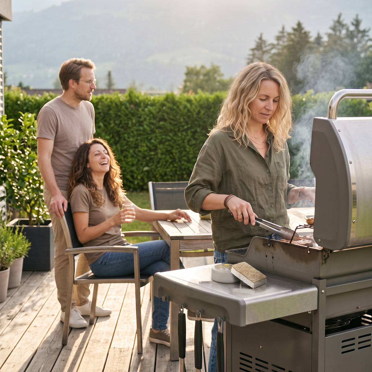 Familie im Garten am Grillieren