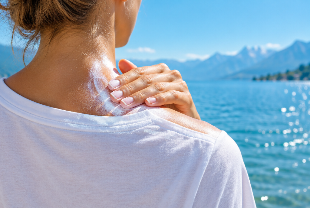 Sonnencreme-Flecken entfernen: Frau cremt sich am See Nacken und Schulter ein, Sonnencreme gelangt auf den Kragen des weissen T-Shirts