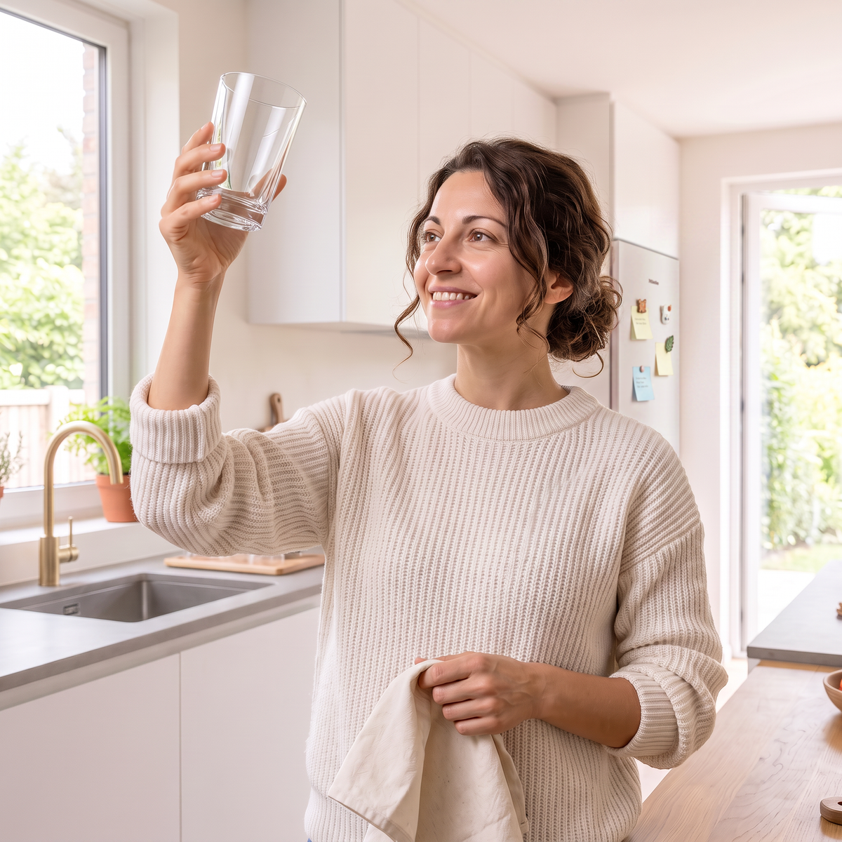 Una donna solleva un bicchiere d'acqua sorridendo e lo asciuga con un panno in cucina.