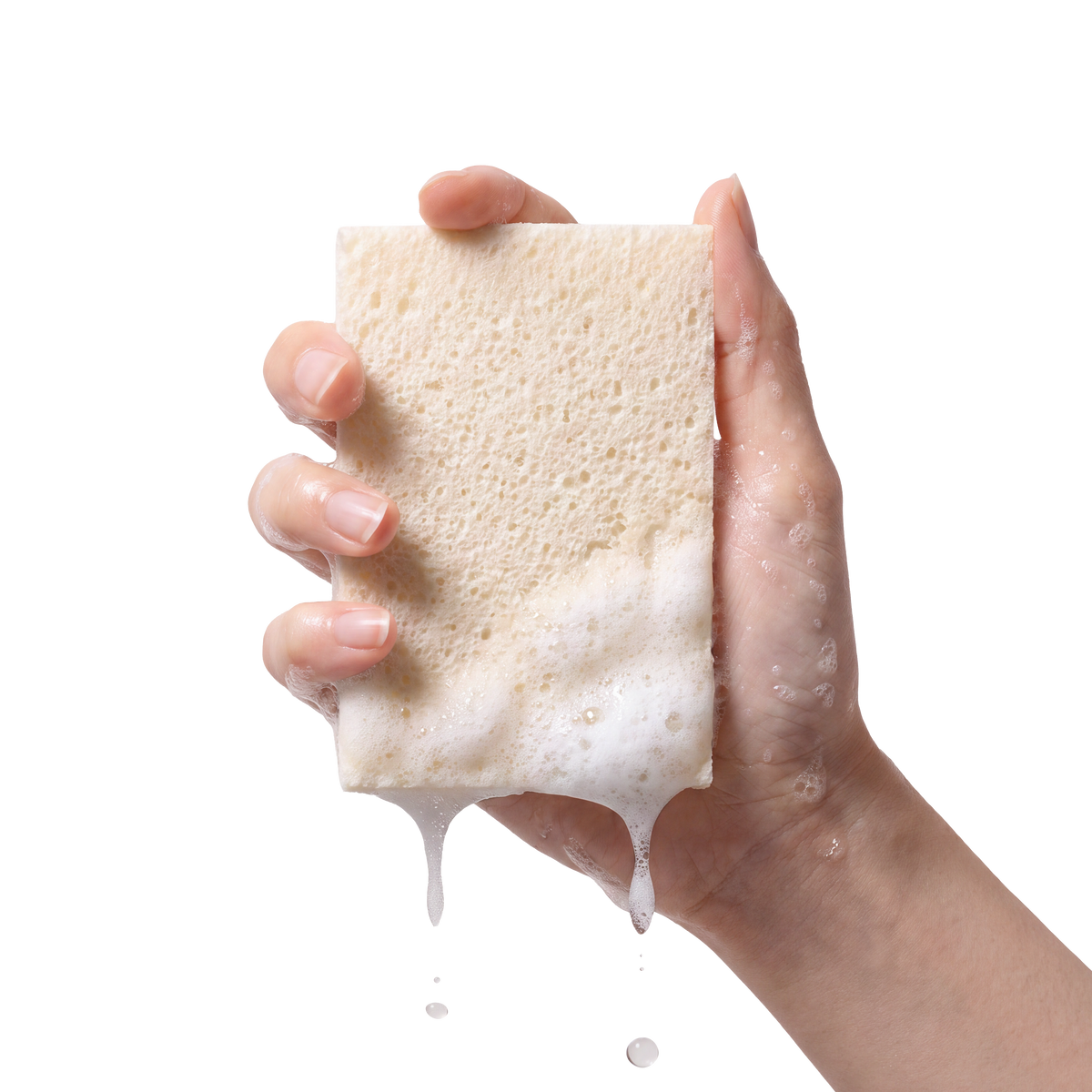 Hand hält einen schäumenden bluu Spongeblub Schwamm