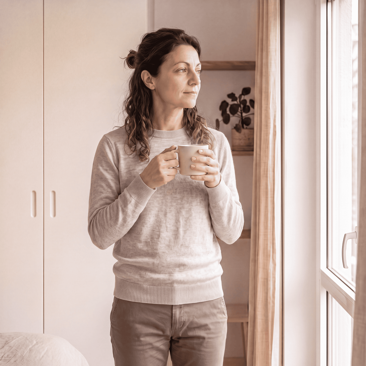 Frau mit einer Tasse in der Hand blickt nachdenklich aus dem Fenster.