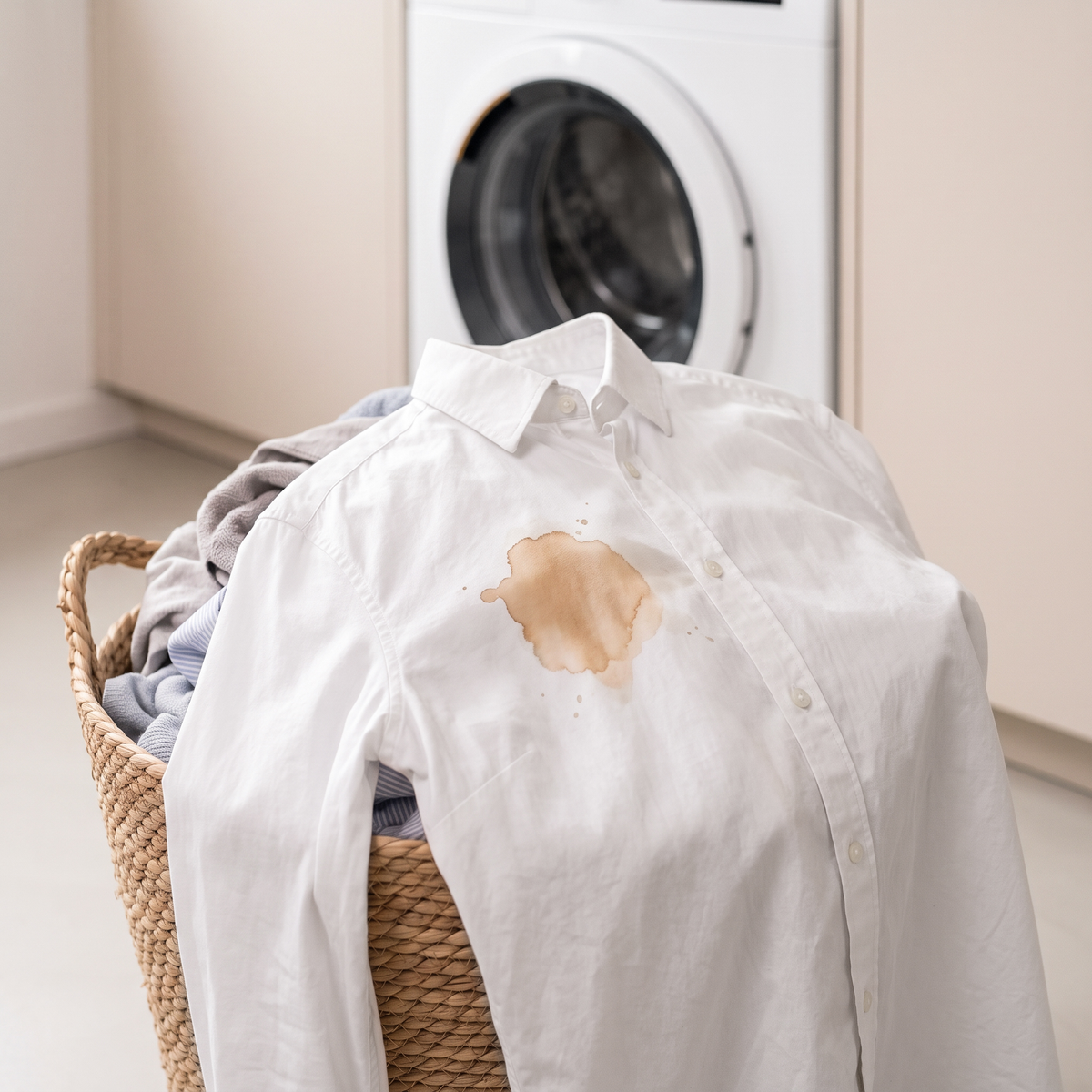 Weisses Hemd mit einem Kaffeefleck liegt oben auf einem Wäschekorb vor der Waschmaschine.