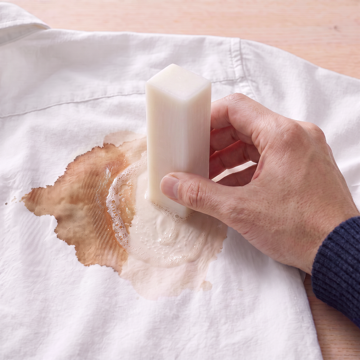 Hand reibt einen Fleck auf einem weissen Hemd mit der bluu Fleckenseife ein.
