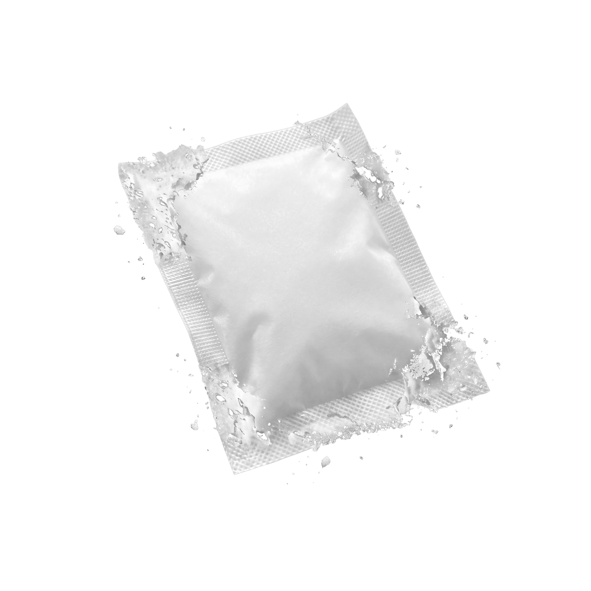 Einzelnes calcbusters Sachet mit Spritzeffekt vor hellem Hintergrund.