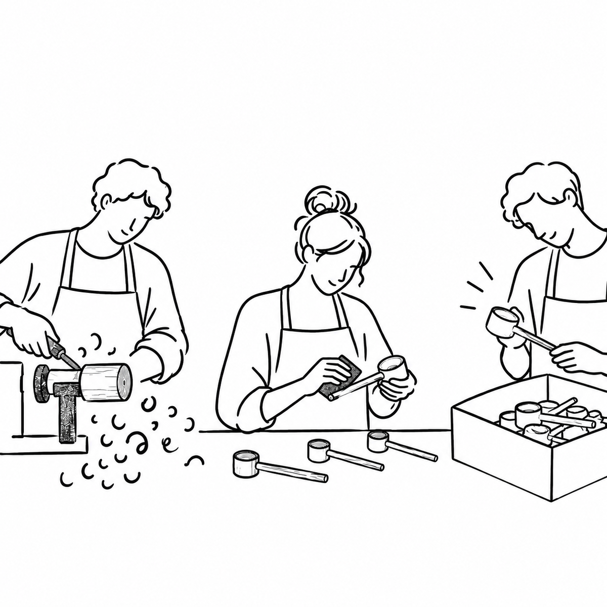 Illustration: drei Personen fertigen Holzlöffel in einer Werkstatt