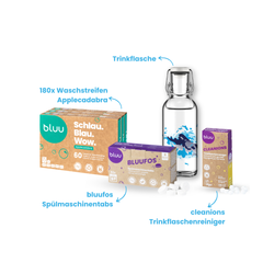 Allrounder-Set mit Waschstreifen Applecadabra, Trinkflasche, Bluufos Spülmaschinentabs und Cleanions