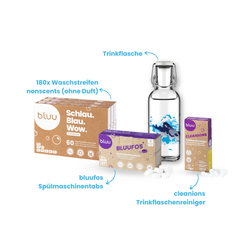 Allrounder-Set mit Waschstreifen Nonscents, Trinkflasche, Bluufos Spülmaschinentabs und Cleanions