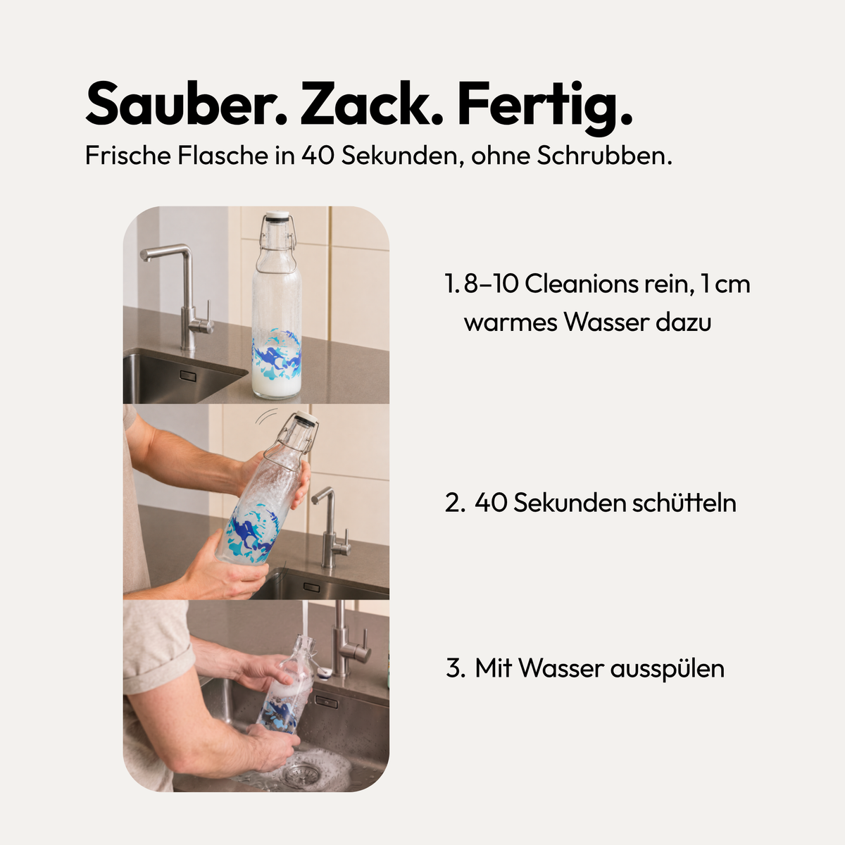 Anwendung in drei Schritten: Cleanions mit warmem Wasser einfüllen, Flasche schütteln, mit Wasser ausspülen