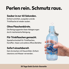 Infografik zu Cleanions mit vier Produktvorteilen und einer gefüllten Trinkflasche