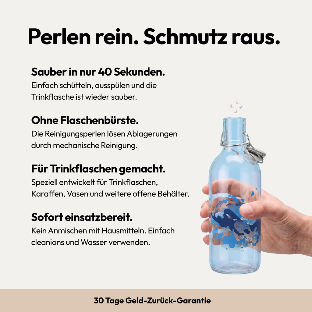 Infografik zu Cleanions mit vier Produktvorteilen und einer gefüllten Trinkflasche
