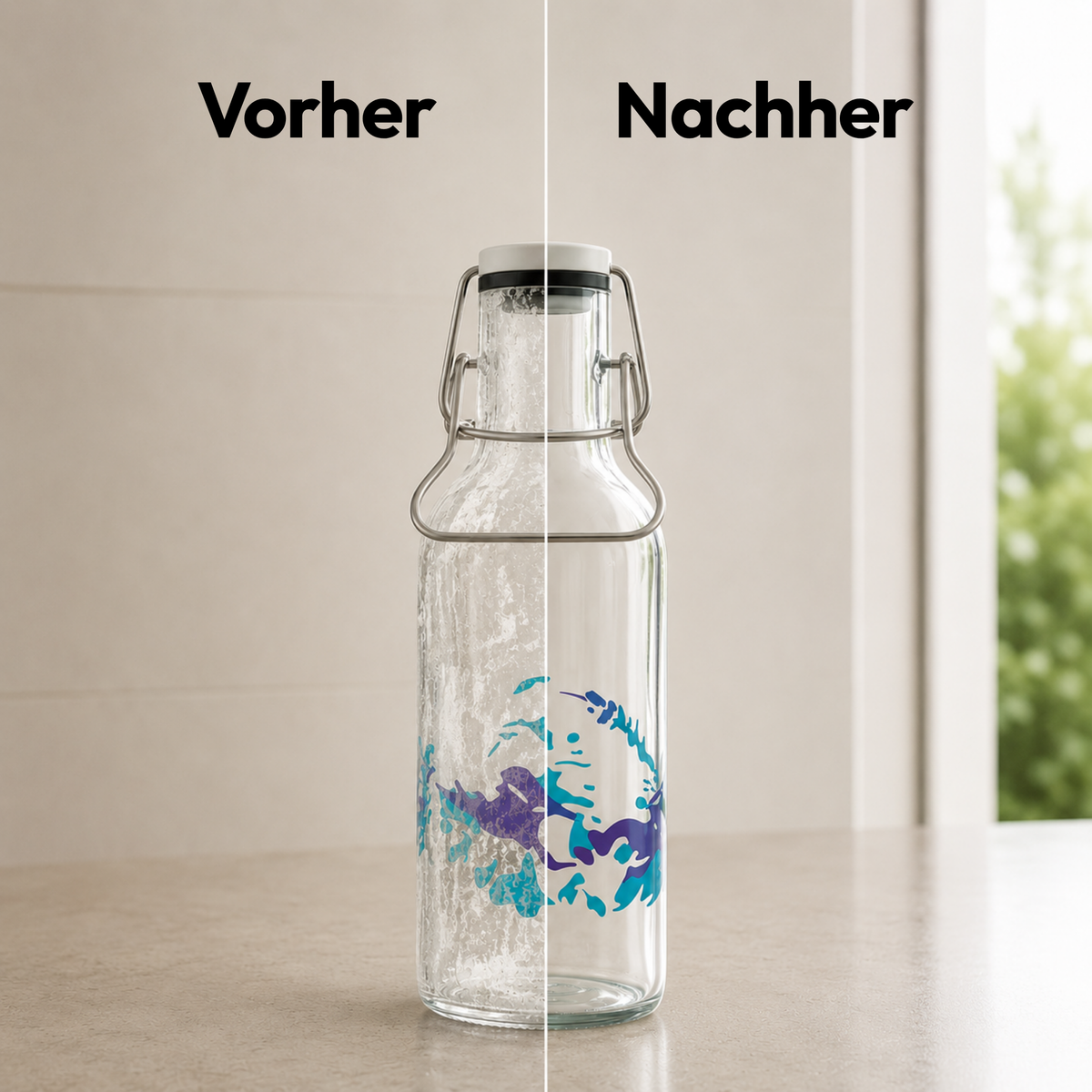 Vorher-Nachher-Vergleich einer Trinkflasche, links mit Verfärbungen, rechts sauber