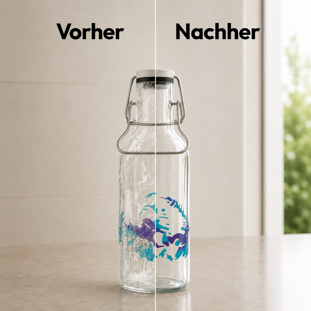 Vorher-Nachher-Vergleich einer Trinkflasche, links mit Verfärbungen, rechts sauber