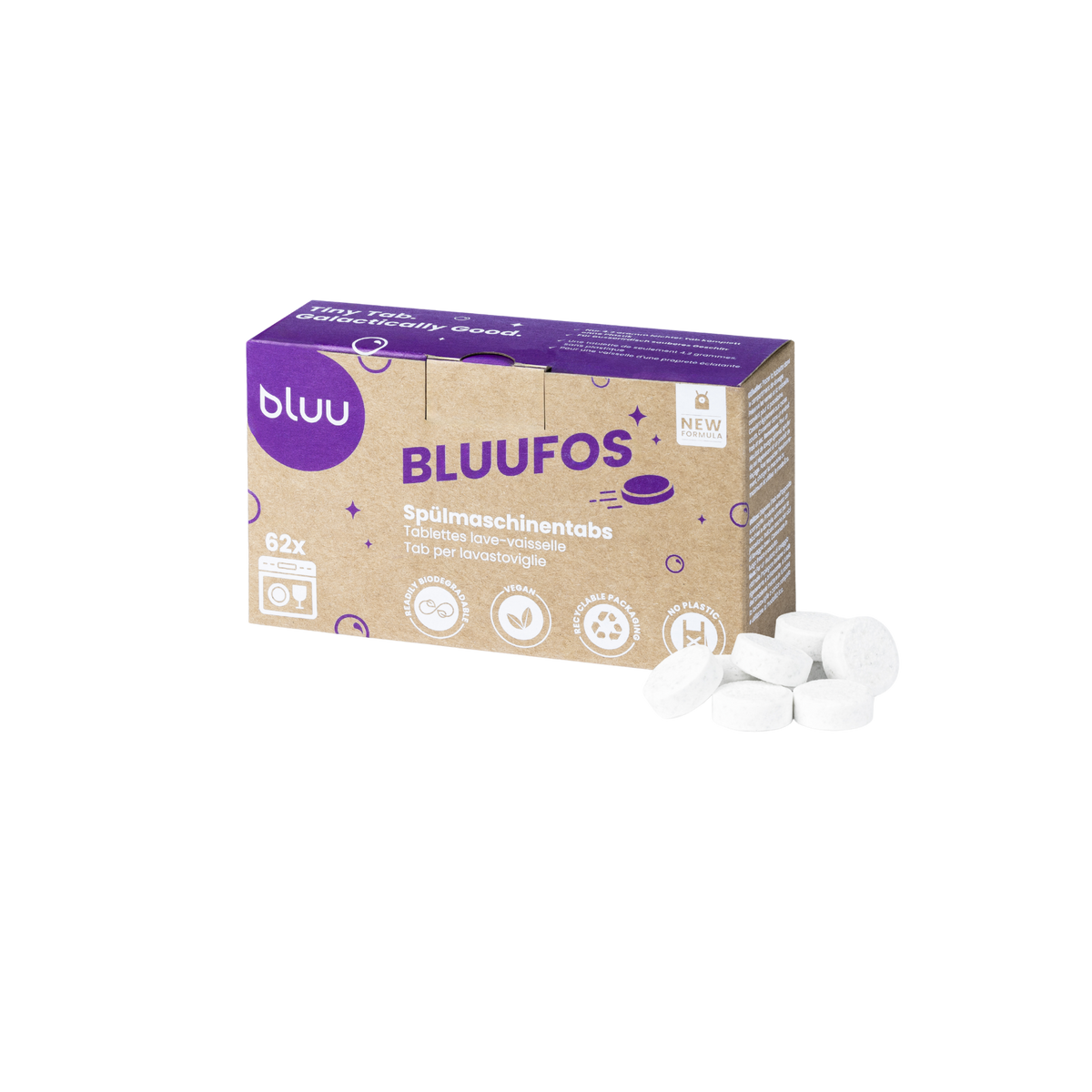 Bluufos Spülmaschinentabs in der violett-braunen Verpackung, davor mehrere lose Tabs