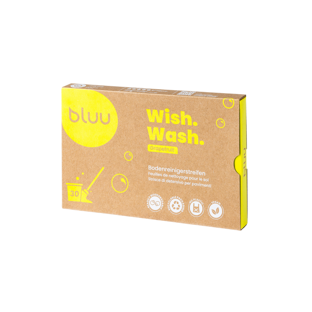 Verpackung der Wish.Wash. Bodenreinigerstreifen in Gelb und Braun