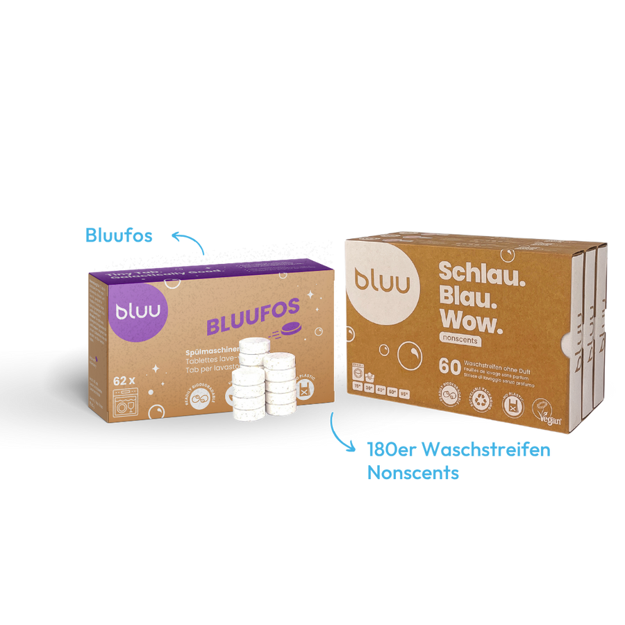 Starter-Set mit Bluufos Spülmaschinentabs und Waschstreifen Nonscents
