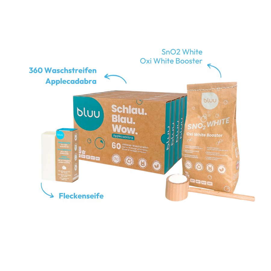 Wasch-Set Family Plus mit Waschstreifen Applecadabra, SnO2 White Oxi White Booster und Fleckenseife