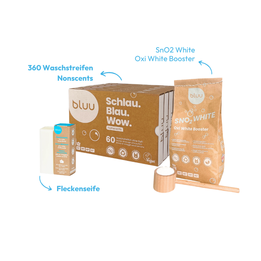 Wasch-Set Family Plus mit Waschstreifen Nonscents, SnO2 White Oxi White Booster und Fleckenseife